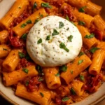 Silky red pepper and sun-dried tomato pasta topped with melted burrata