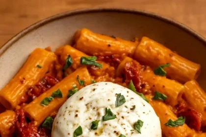 Silky red pepper and sun-dried tomato pasta topped with melted burrata