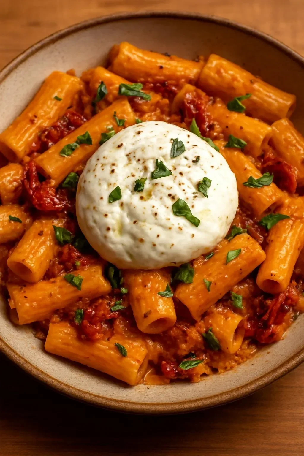 Silky red pepper and sun-dried tomato pasta topped with melted burrata