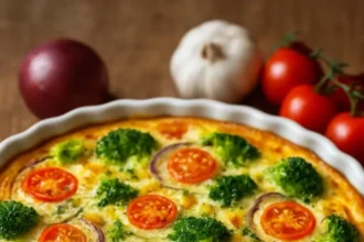 A delicious homemade mixed vegetable quiche fresh out of the oven.