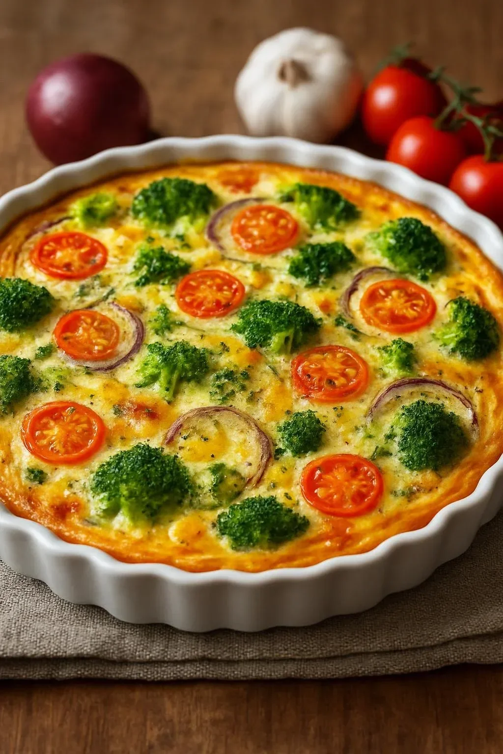 A delicious homemade mixed vegetable quiche fresh out of the oven.
