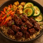 Delicious sirloin hibachi bowl with grilled vegetables and rice