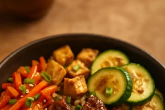 Delicious sirloin hibachi bowl with grilled vegetables and rice