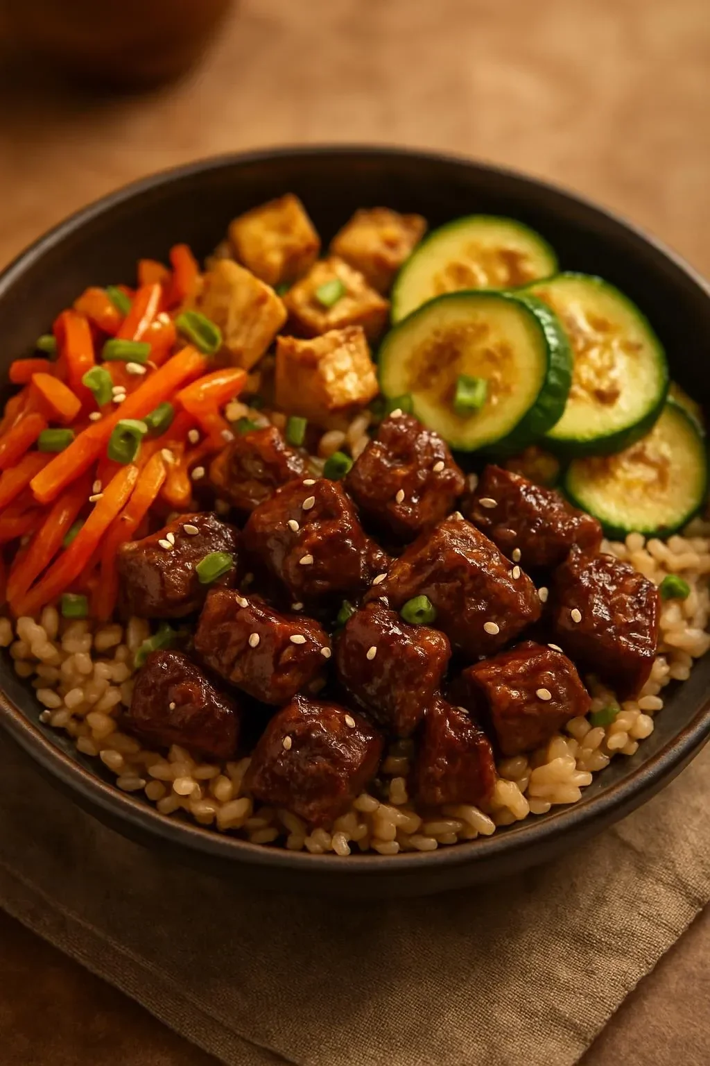 Delicious sirloin hibachi bowl with grilled vegetables and rice