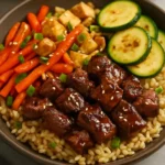 Sizzling sirloin hibachi bowl with fresh vegetables and rice.