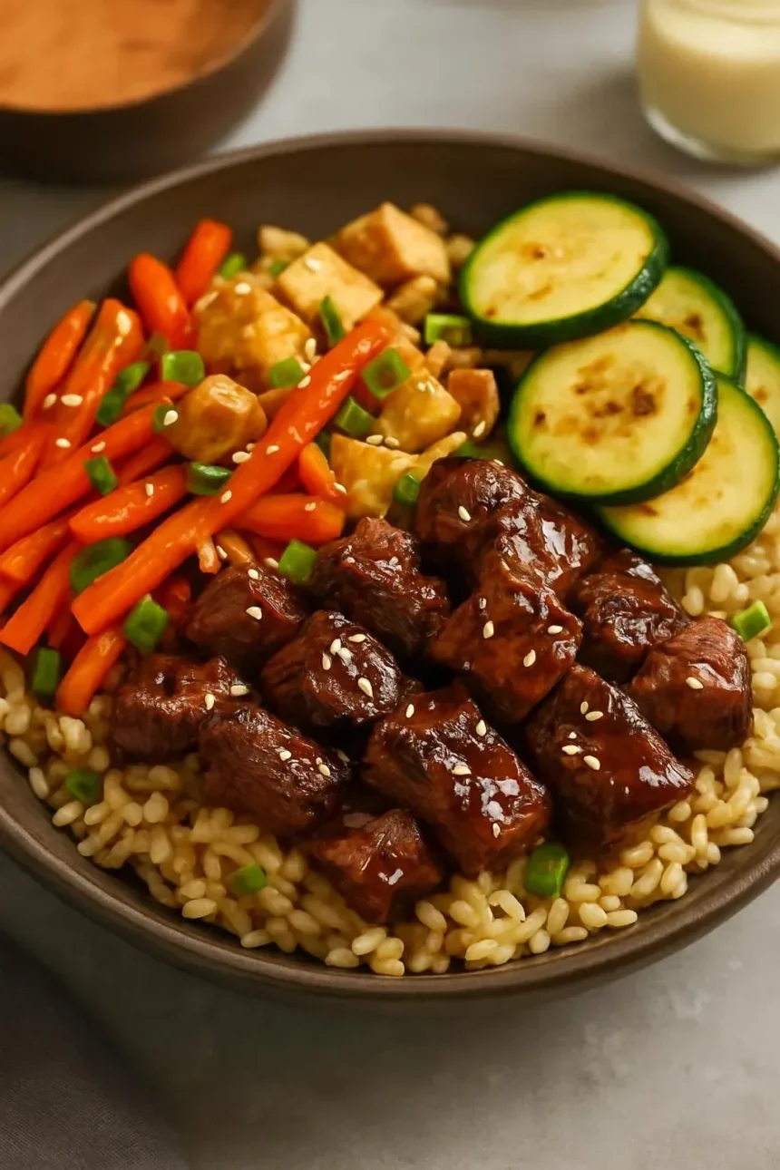 Sizzling sirloin hibachi bowl with fresh vegetables and rice.