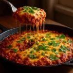 Skillet Green Chili Enchilada Bake topped with cheese and garnished with cilantro