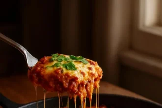 Skillet Green Chili Enchilada Bake topped with cheese and garnished with cilantro