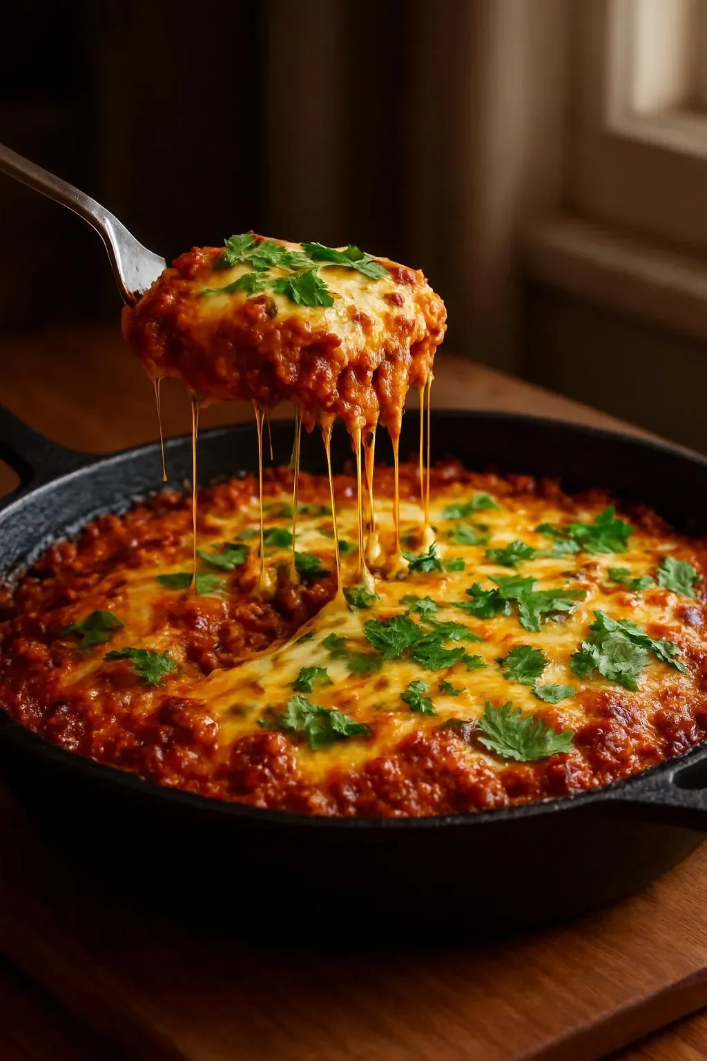 Skillet Green Chili Enchilada Bake topped with cheese and garnished with cilantro