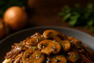 Slow cooker beef roast with mushrooms and onion gravy on a plate