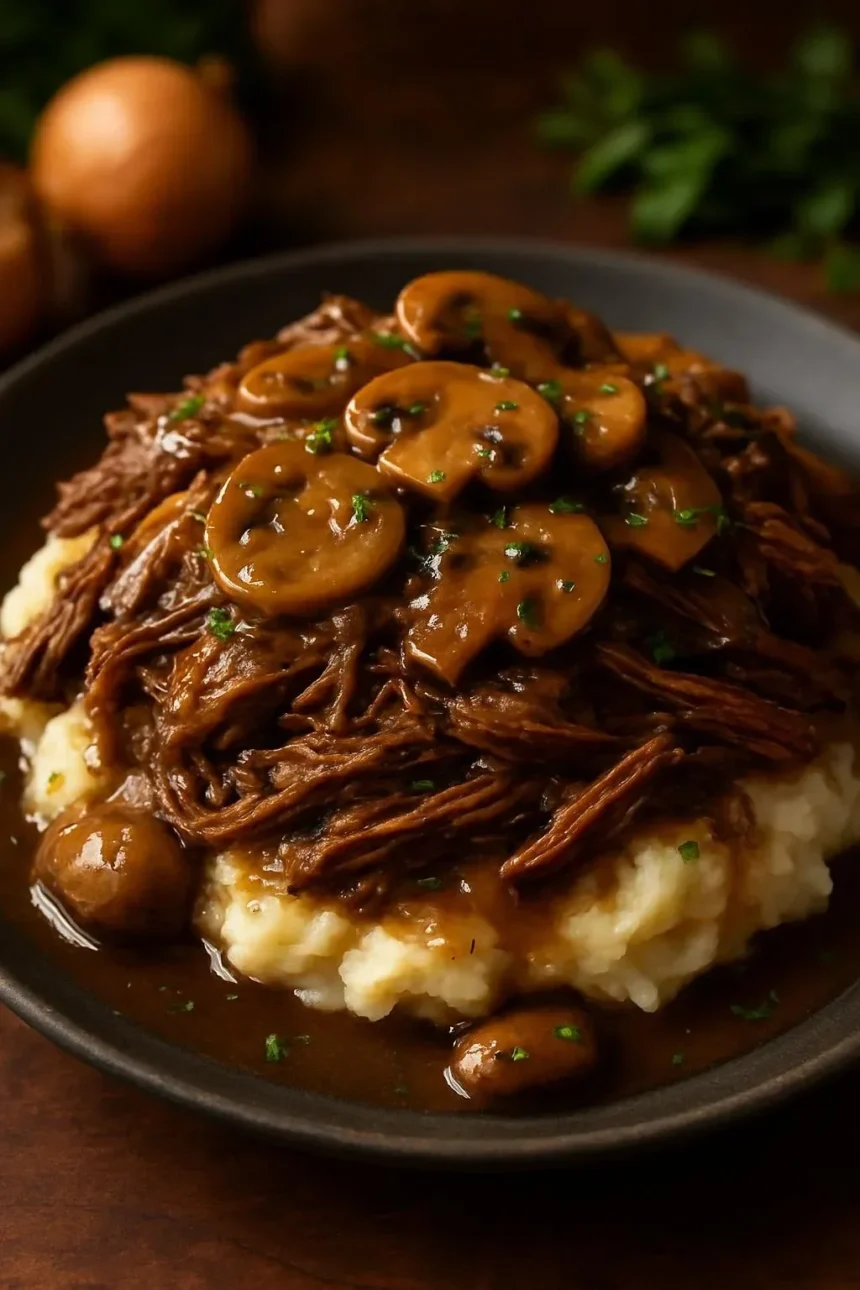 Slow cooker beef roast with mushrooms and onion gravy on a plate