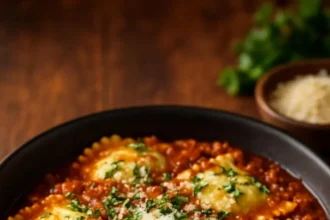 Slow Cooker Cheesy Ravioli with Meat Sauce served in a bowl