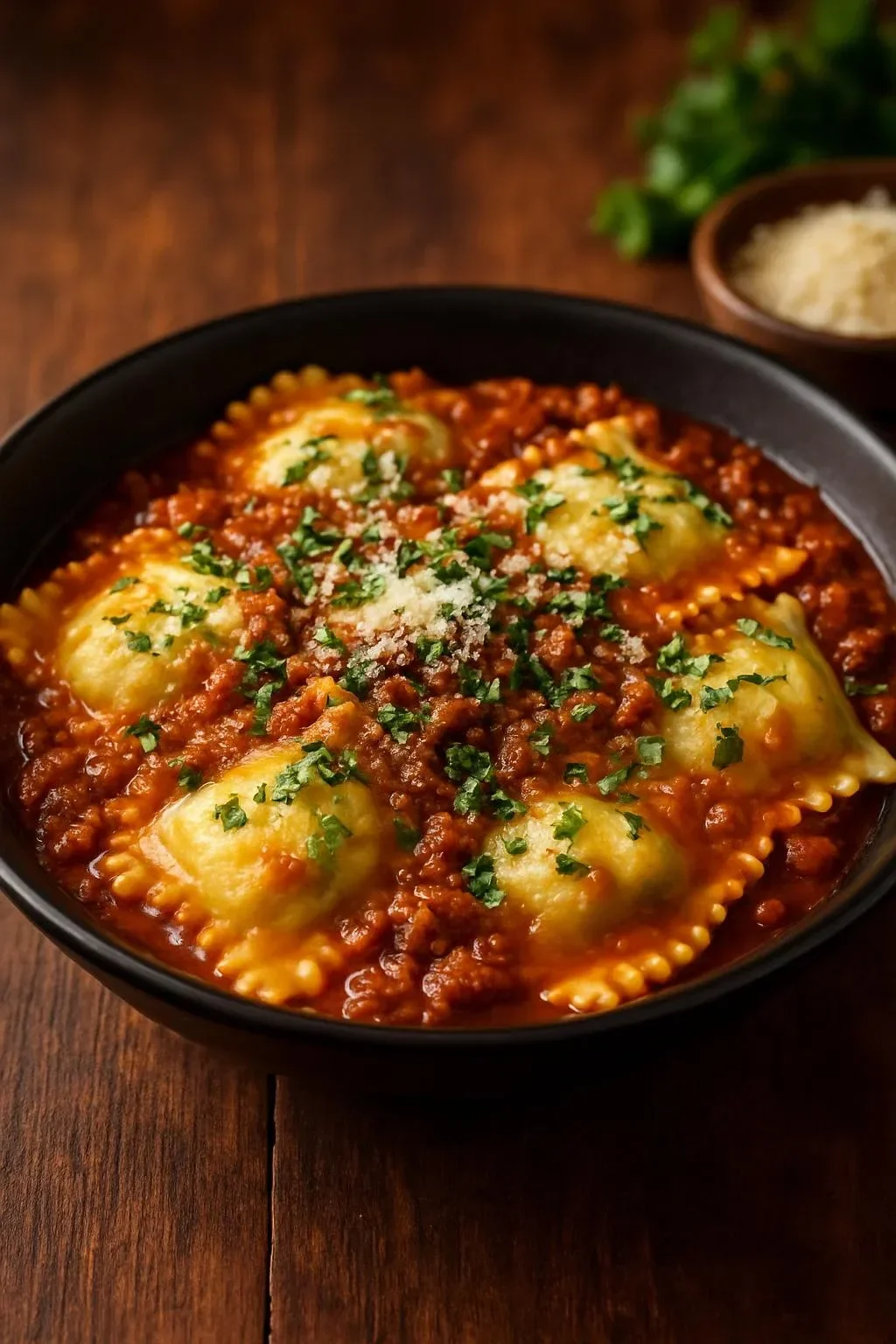 Slow Cooker Cheesy Ravioli with Meat Sauce served in a bowl
