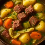 Delicious slow cooker corned beef and cabbage stew served in a bowl