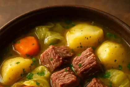 Delicious slow cooker corned beef and cabbage stew served in a bowl