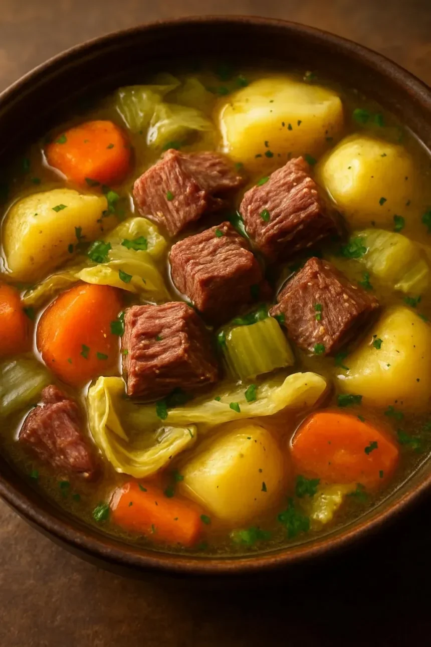 Delicious slow cooker corned beef and cabbage stew served in a bowl