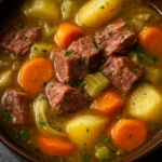 Bowl of slow cooker corned beef and cabbage stew garnished with parsley.
