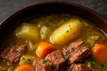 Bowl of slow cooker corned beef and cabbage stew garnished with parsley.