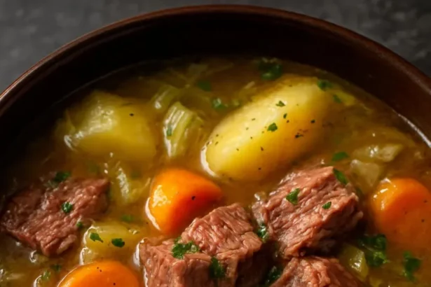 Bowl of slow cooker corned beef and cabbage stew garnished with parsley.