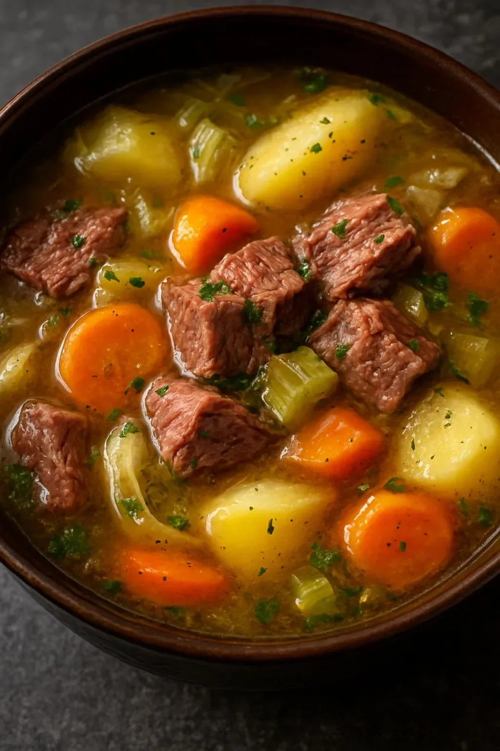 Bowl of slow cooker corned beef and cabbage stew garnished with parsley.