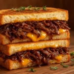 Delicious smoked brisket grilled cheese stack with melted cheese and crispy bread