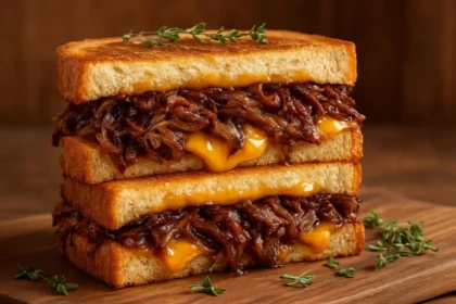 Delicious smoked brisket grilled cheese stack with melted cheese and crispy bread