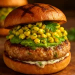 Smoky chipotle chicken burgers on the grill with toppings