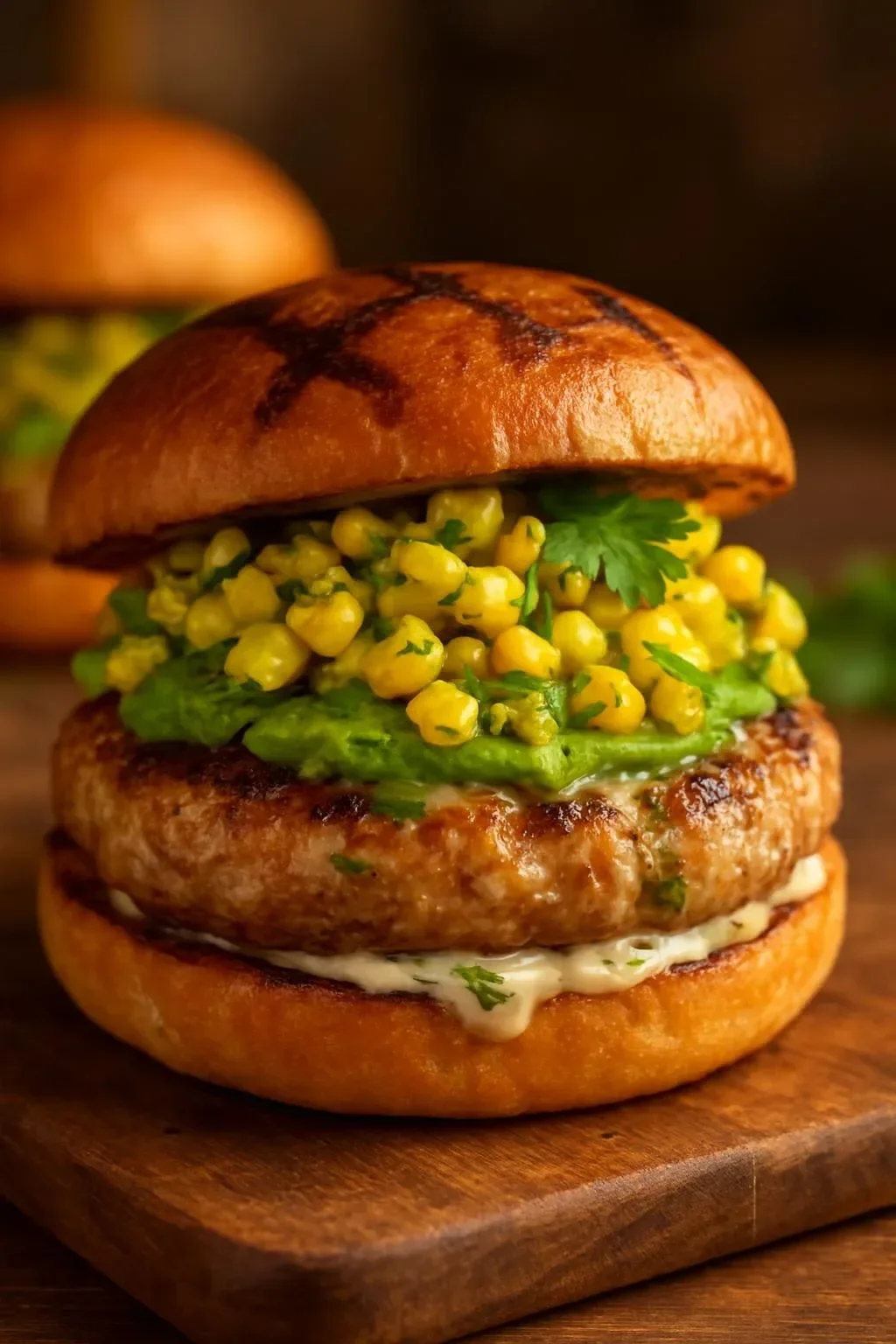 Smoky chipotle chicken burgers on the grill with toppings