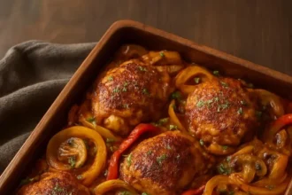 Delicious smoky paprika chicken served on a plate with herbs