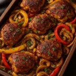 Delicious smoky paprika chicken served on a plate with herbs