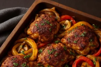 Delicious smoky paprika chicken served on a plate with herbs