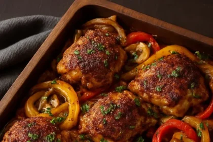 Delicious smoky paprika chicken served on a plate with herbs