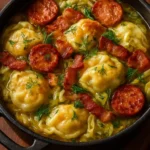 A bowl of smoky pierogi soup garnished with herbs and served with crusty bread.