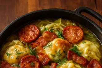 A bowl of smoky pierogi soup garnished with herbs and served with crusty bread.