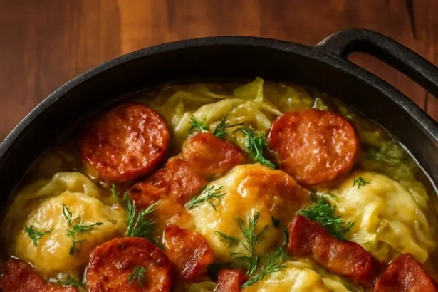 A bowl of smoky pierogi soup garnished with herbs and served with crusty bread.