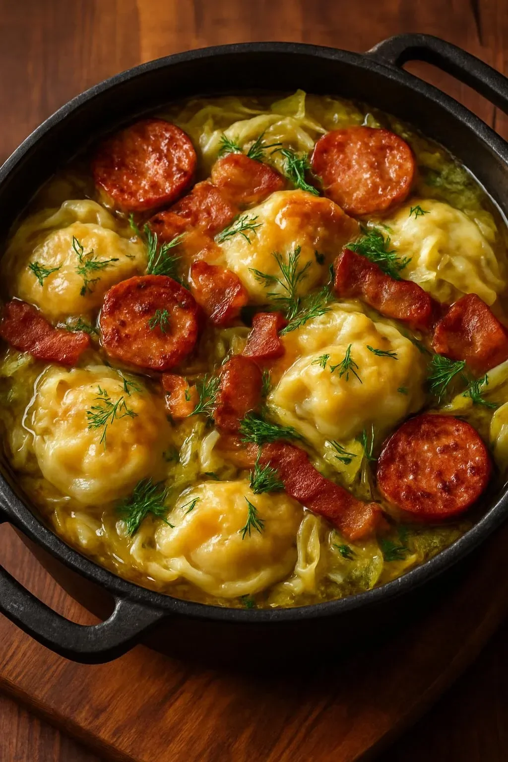 A bowl of smoky pierogi soup garnished with herbs and served with crusty bread.