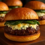 Smoky Poblano Popper Burgers with melted cheese and grilled peppers
