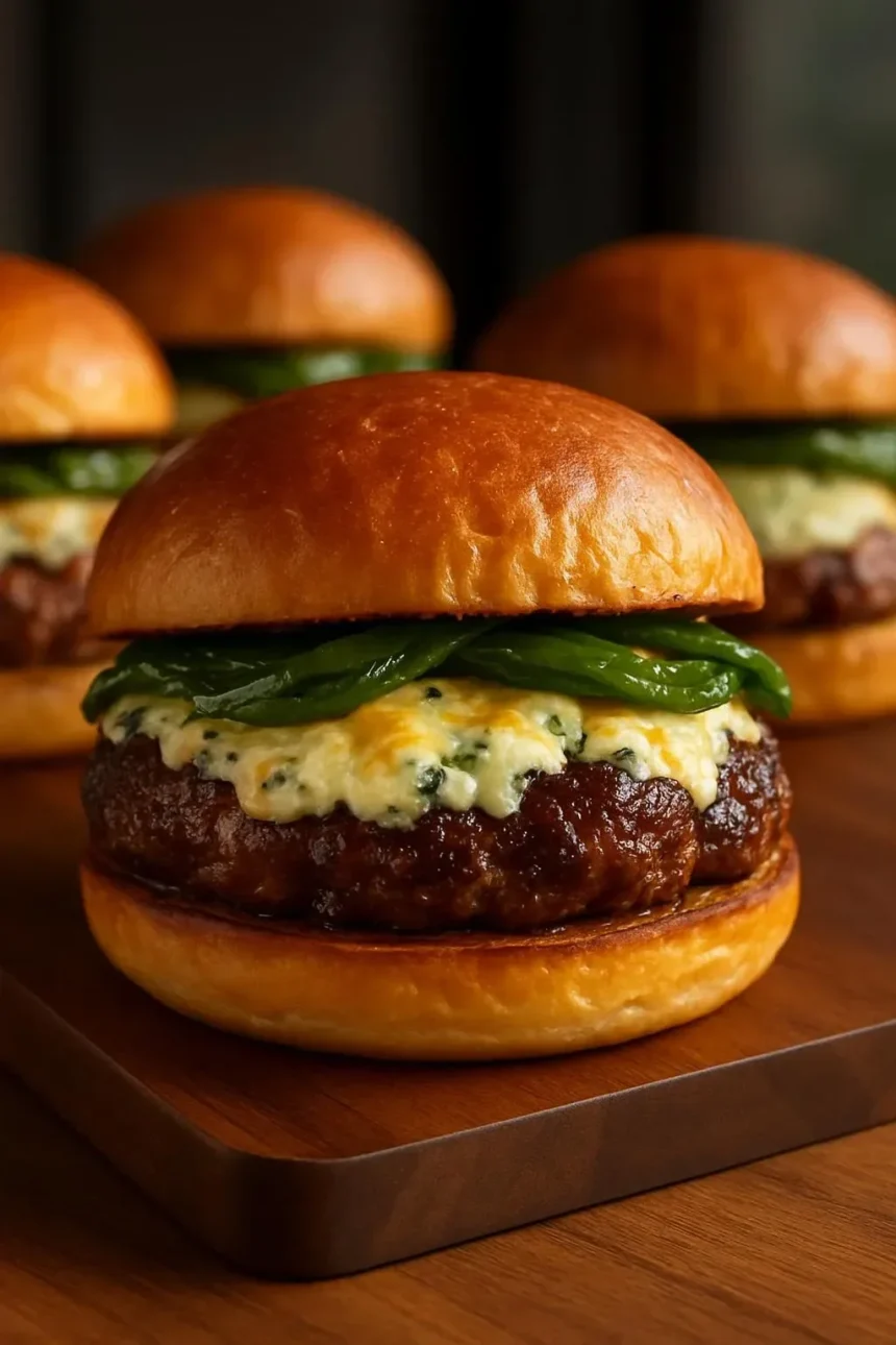 Smoky Poblano Popper Burgers with melted cheese and grilled peppers