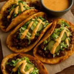 Sourdough smash burger tacos served with fresh toppings and sauces