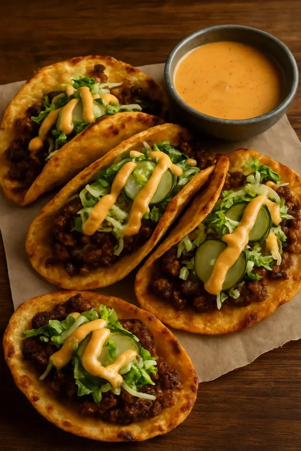 Sourdough smash burger tacos served with fresh toppings and sauces