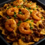 Plate of Southern surf and turf nachos topped with seafood and steak