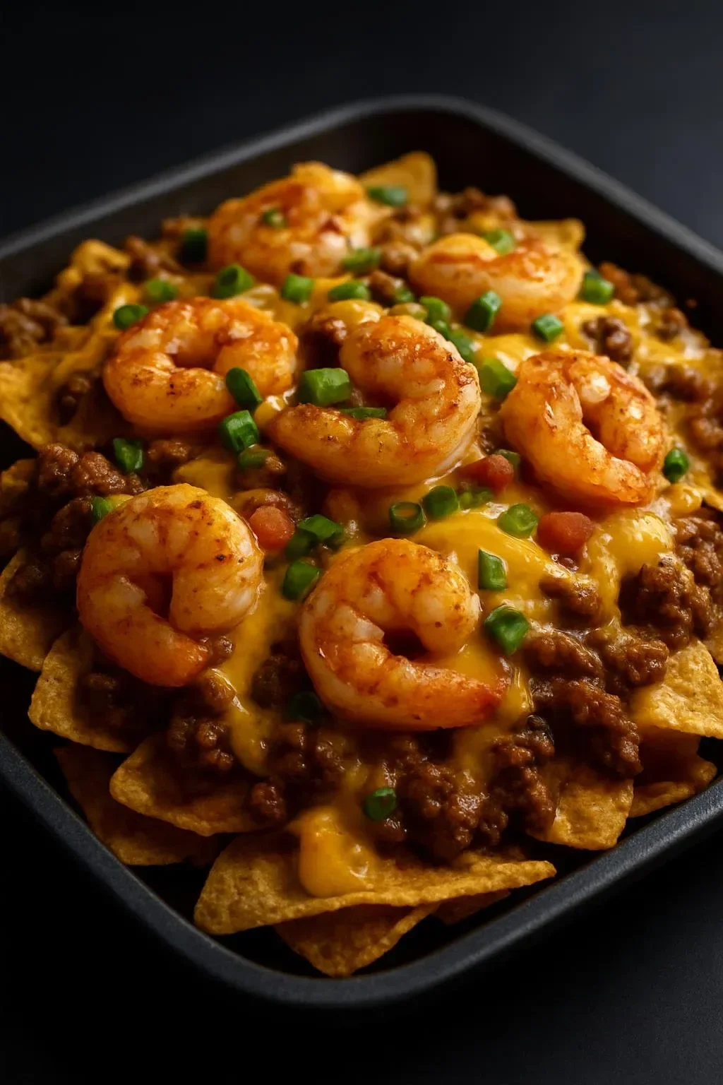Plate of Southern surf and turf nachos topped with seafood and steak