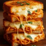 Spaghetti Grilled Cheese Sandwich with melted cheese and spaghetti filling