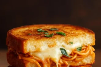 Spaghetti Grilled Cheese Sandwich with melted cheese and spaghetti filling