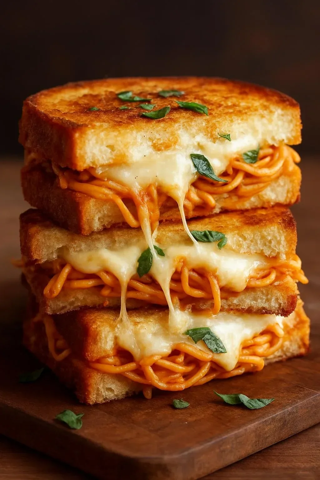Spaghetti Grilled Cheese Sandwich with melted cheese and spaghetti filling