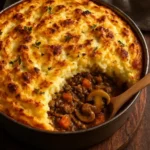 Spanish-Style Brown Butter Mushroom Shepherd's Pie garnished with herbs