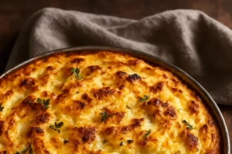 Spanish-Style Brown Butter Mushroom Shepherd's Pie garnished with herbs