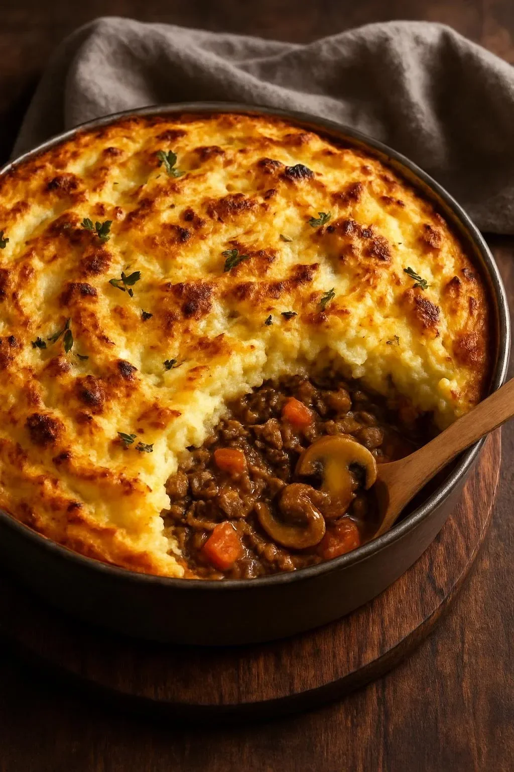 Spanish-Style Brown Butter Mushroom Shepherd's Pie garnished with herbs