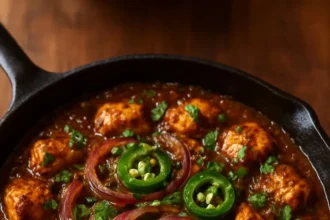Delicious spiced chicken curry served with rice and garnished with herbs