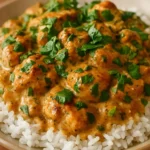 A plate of spiced coconut basil chicken served with rice and garnished with herbs.